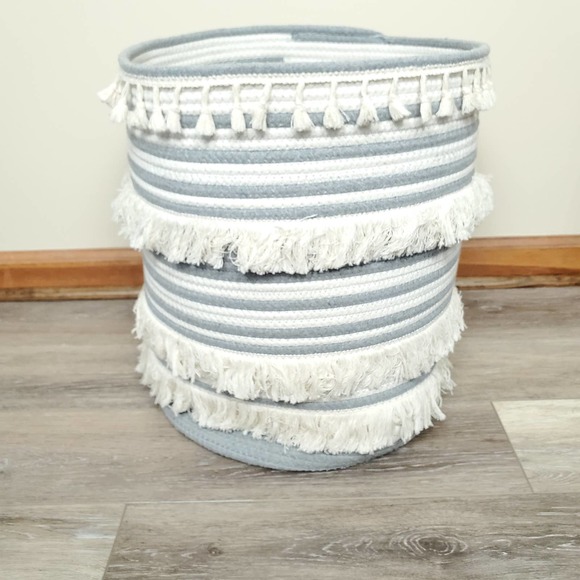 Unknown Other - Gray Cream Striped Boho Fringe Woven Macrame Round Storage Basket